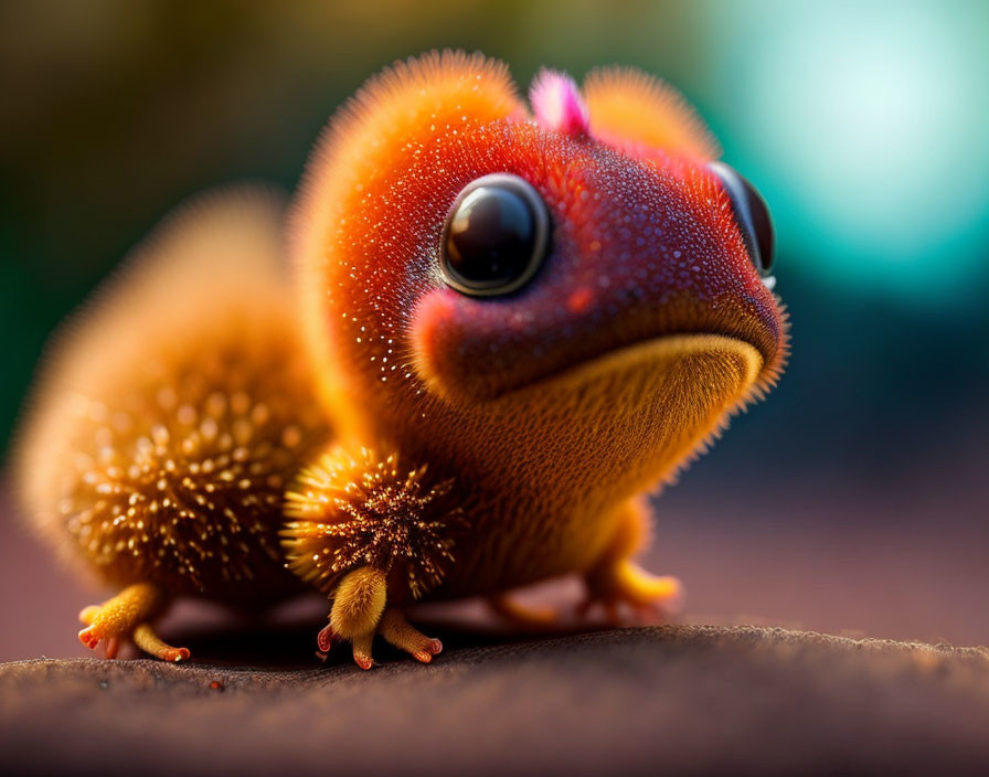 Colorful close-up of a fuzzy orange creature with glossy eyes on dewy skin