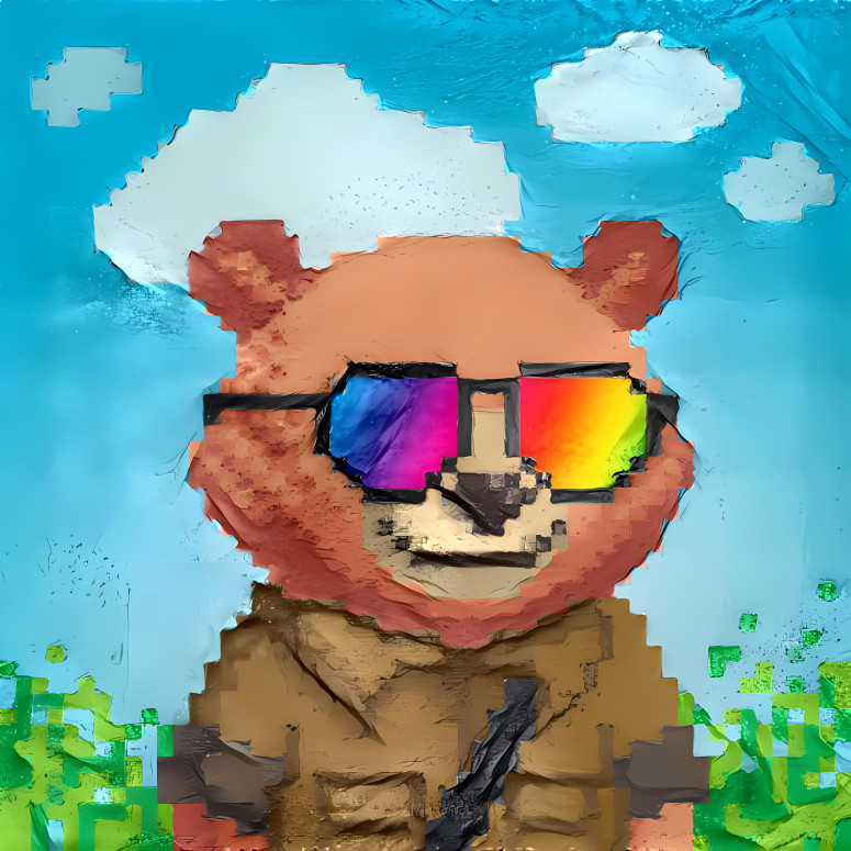 pixel-style bear image combined with a patchy pain