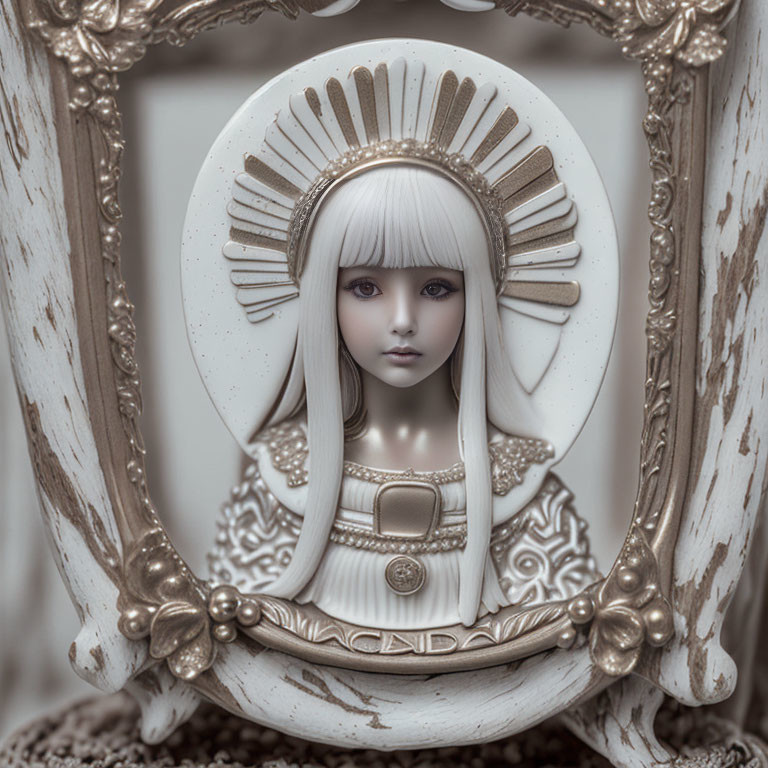 Monochromatic doll with detailed headdress and ornate frame