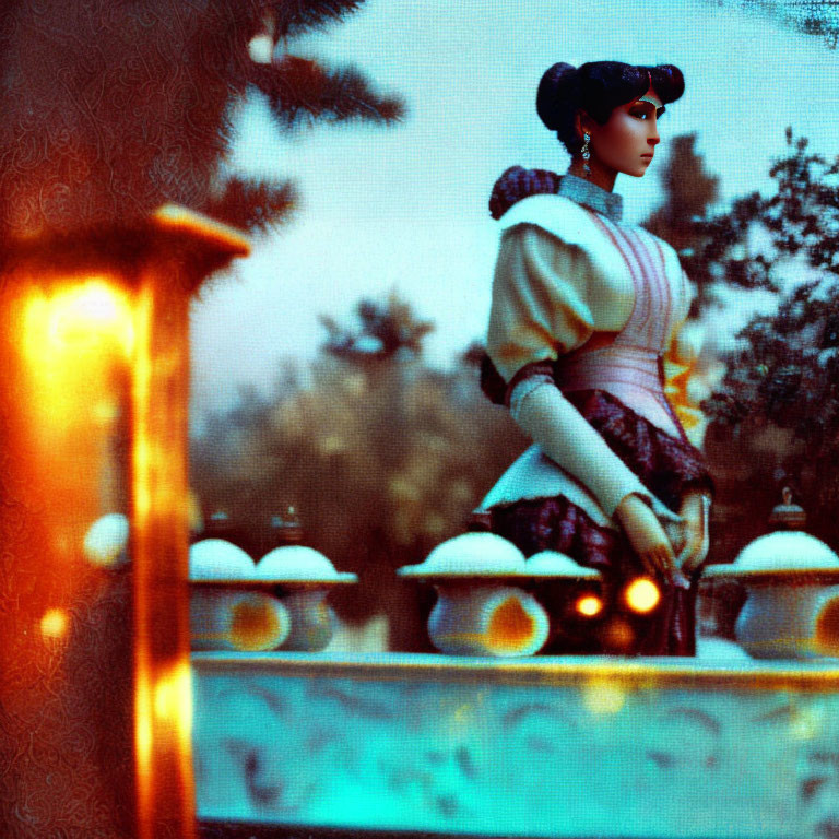 Historical figure doll in traditional attire by ornate balcony.