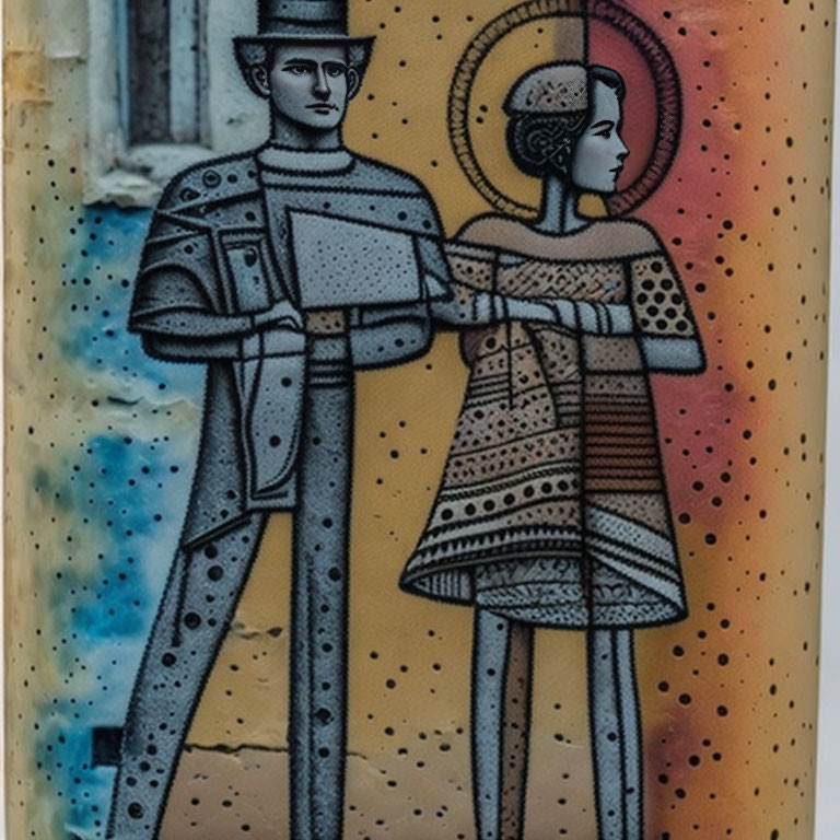 Colorful mural featuring stylized man and woman with halo against dotted background