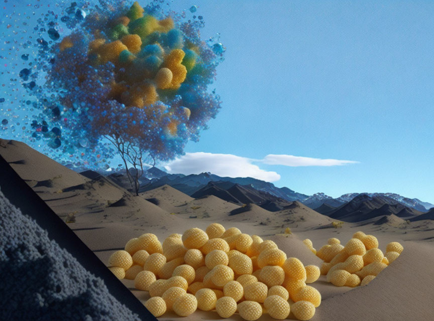 Unique surreal landscape with dark sand dunes, lone tree, colorful foliage, and yellow cellular structures.