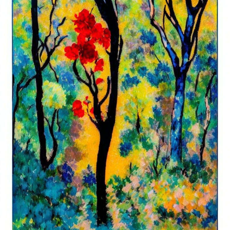 Colorful Forest Scene with Red-Blooming Tree