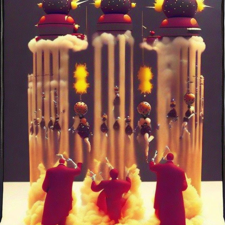 Whimsical festive scene: Figures in red coats watch gingerbread rockets launch