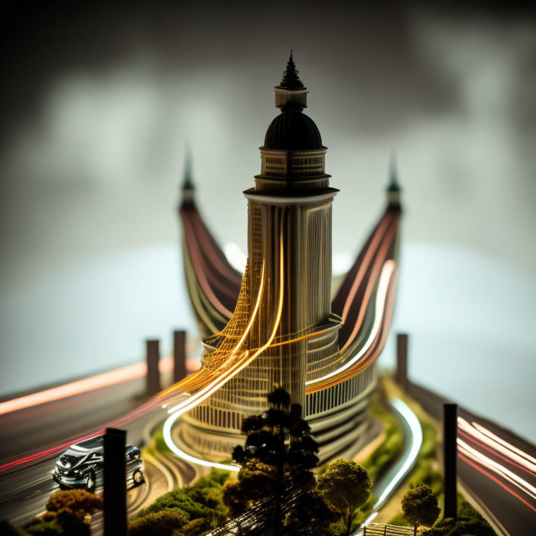 Miniature building with illuminated, curving roads on dark, cloudy backdrop