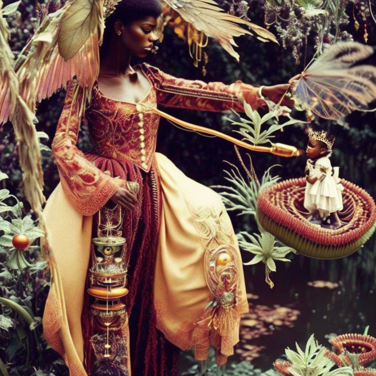 Fantasy woman with wings and crowned figure in lush garden setting