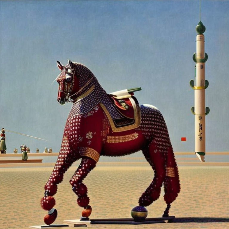 Surreal painting: Beaded horse on pedestal with rocket and tiny figures.