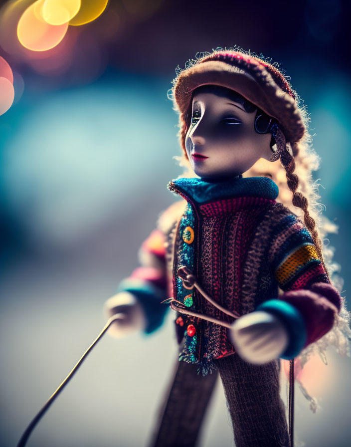 Colorful Winter Attire Porcelain Doll with Ski Poles