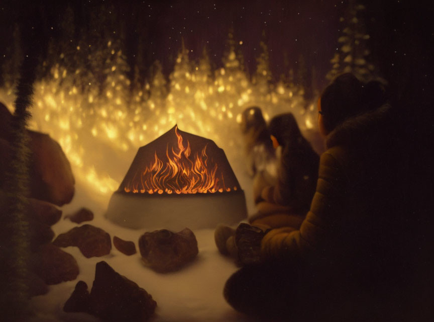 Campfire scene with people under starry sky & pine forest silhouette