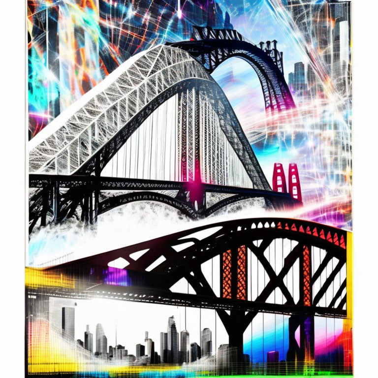 Colorful digital collage with bridges, cityscapes, and light streaks