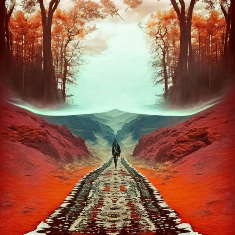 Person walking on rug path towards mountain range in surreal forest scene