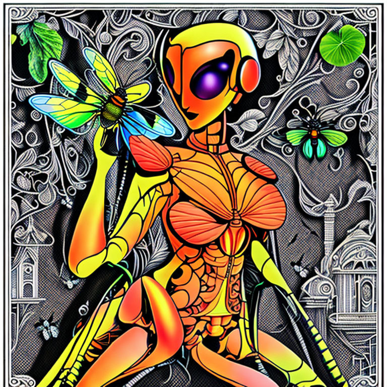 Colorful humanoid robot with butterfly patterns, surrounded by butterflies and floral designs