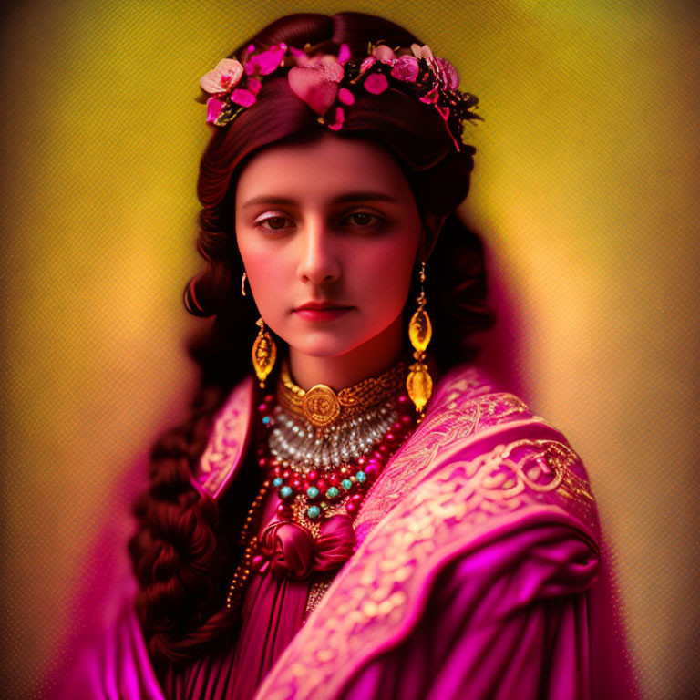 Woman with braided hair and flower crown in pink traditional outfit with jewelry