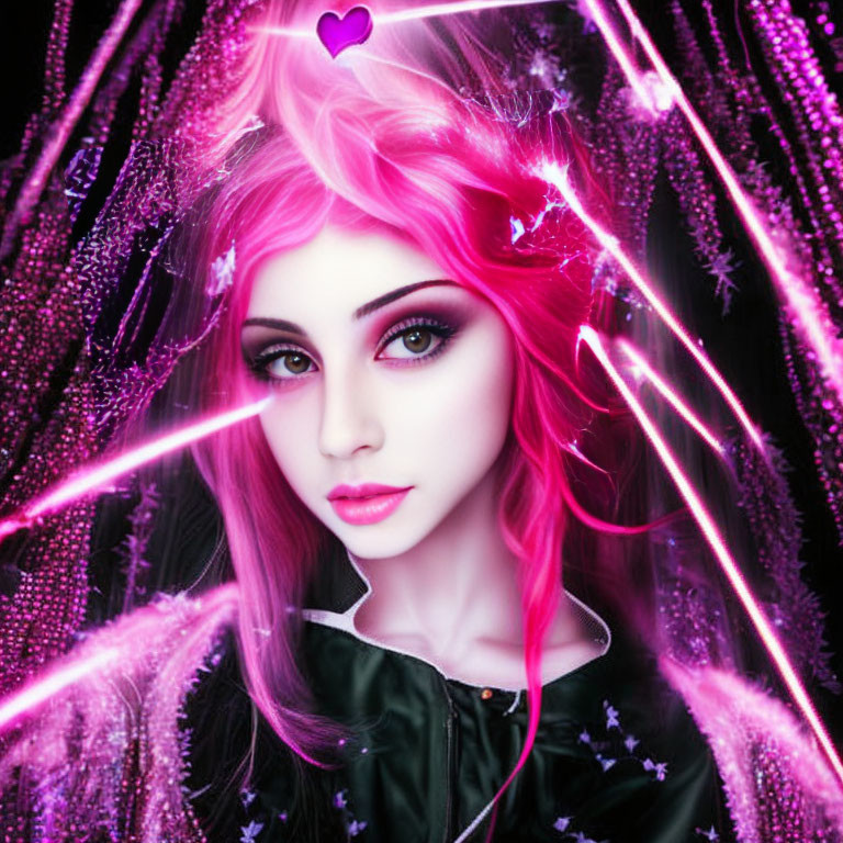 Vibrant digital art of woman with pink hair and glowing eyes