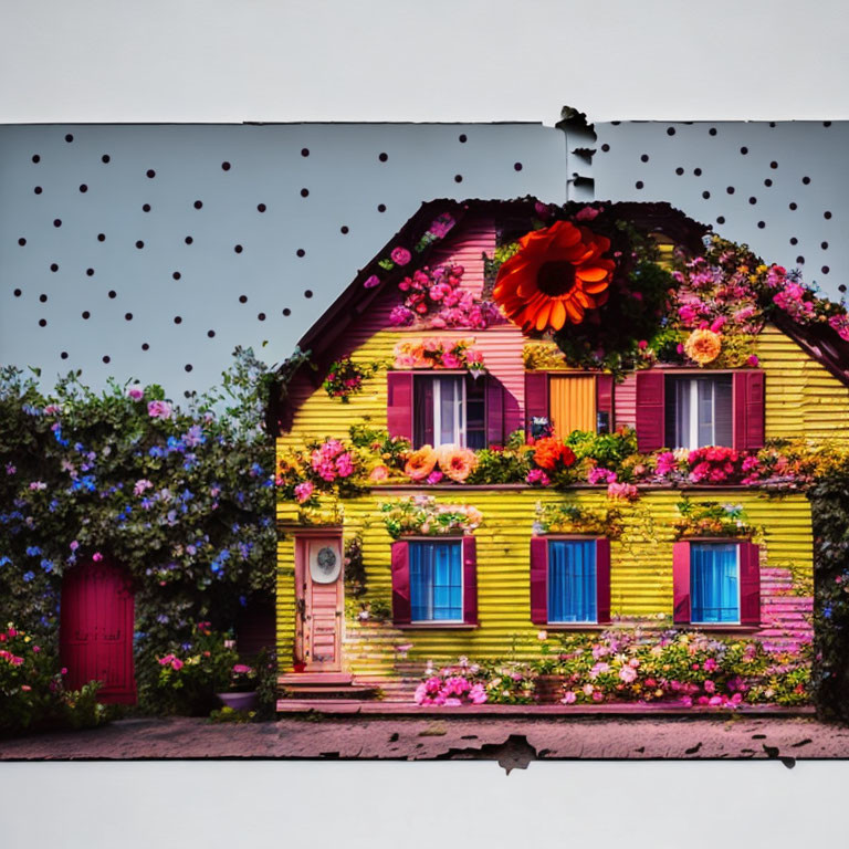 Vibrant yellow house with colorful flowers under polka-dotted sky