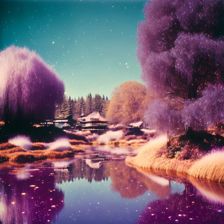 Purple Landscape with Glittering Trees Reflected in Calm Lake