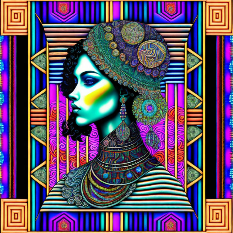 Stylized profile of a teal-skinned woman with jewelry