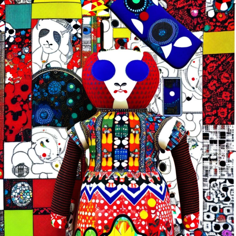 Colorful Patchwork Bear Figure on Vibrant Background