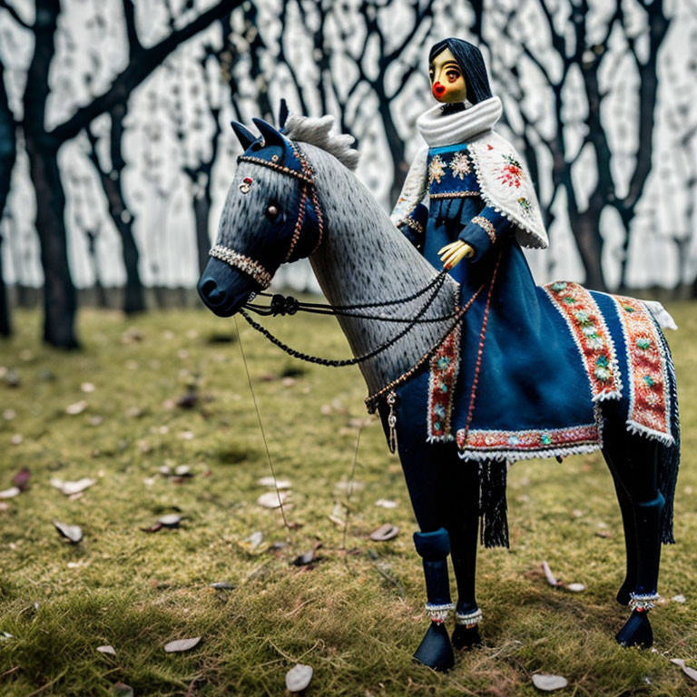 Traditional doll in ethnic attire riding fabric horse in leafless tree backdrop.