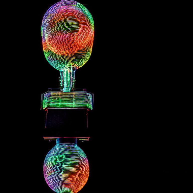 Vibrant neon-light sculpture with spherical top and cylindrical base on dark background