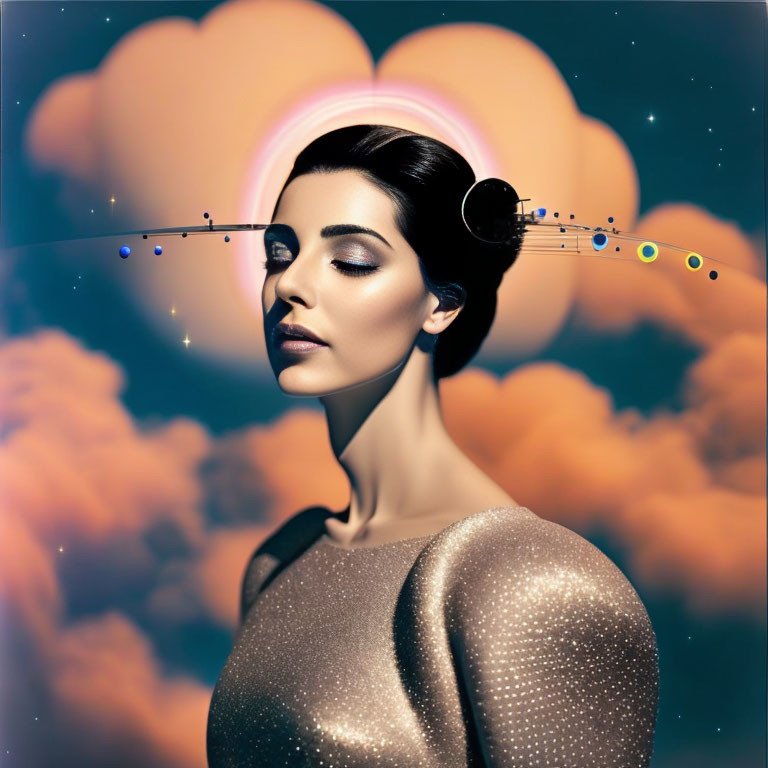 Surreal portrait of woman with planetary ring system in twilight sky