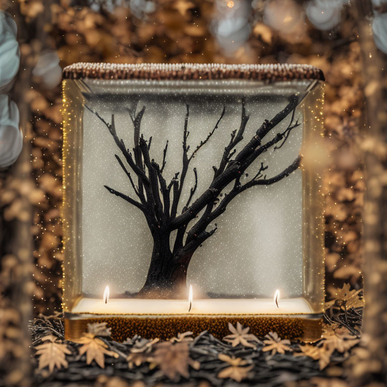 Cozy candle-lit lantern with bare tree silhouette and golden leaves