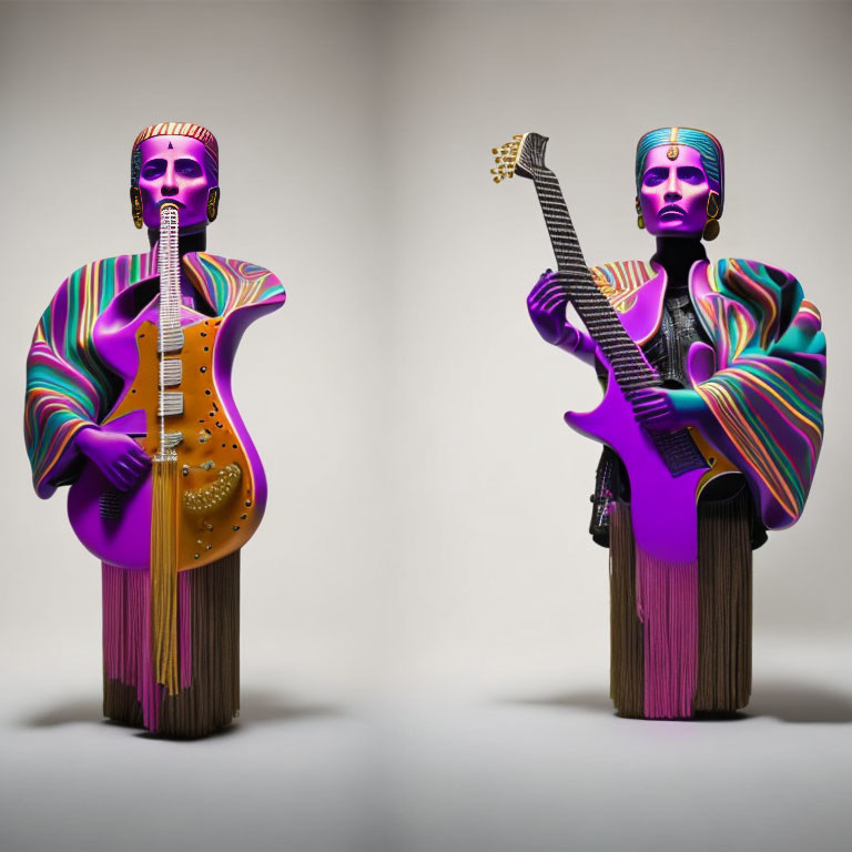 Surreal artistic figures with elongated guitar-like features in vibrant swirls