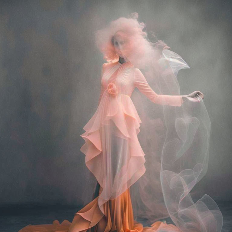 Elegant woman in orange dress surrounded by delicate smoke