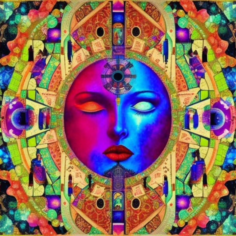 Symmetrical artwork featuring central blue face amid colorful patterns and spiritual symbols.