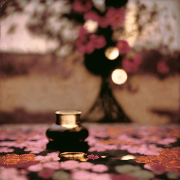 Blurred image of small vessel on reflective surface with pink blossoms and warm bokeh light