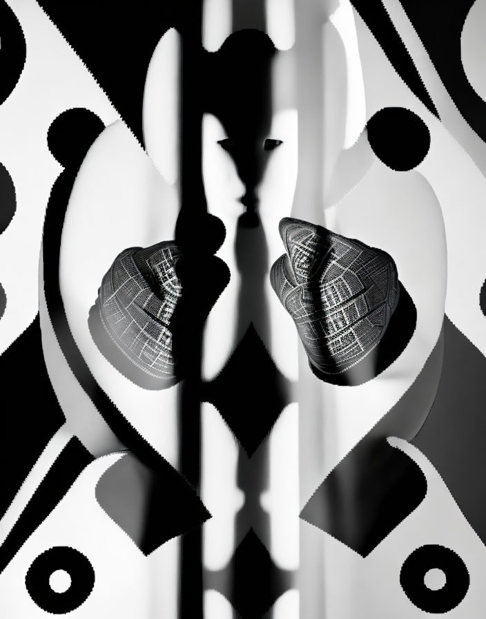 Monochrome abstract image: Mirrored human face silhouettes with geometric patterns