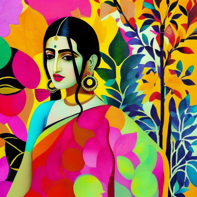 Vibrant illustration of woman in Indian attire with foliage.