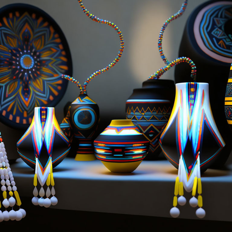 Vibrant Cultural Art Style Beadwork and Patterned Vases Display