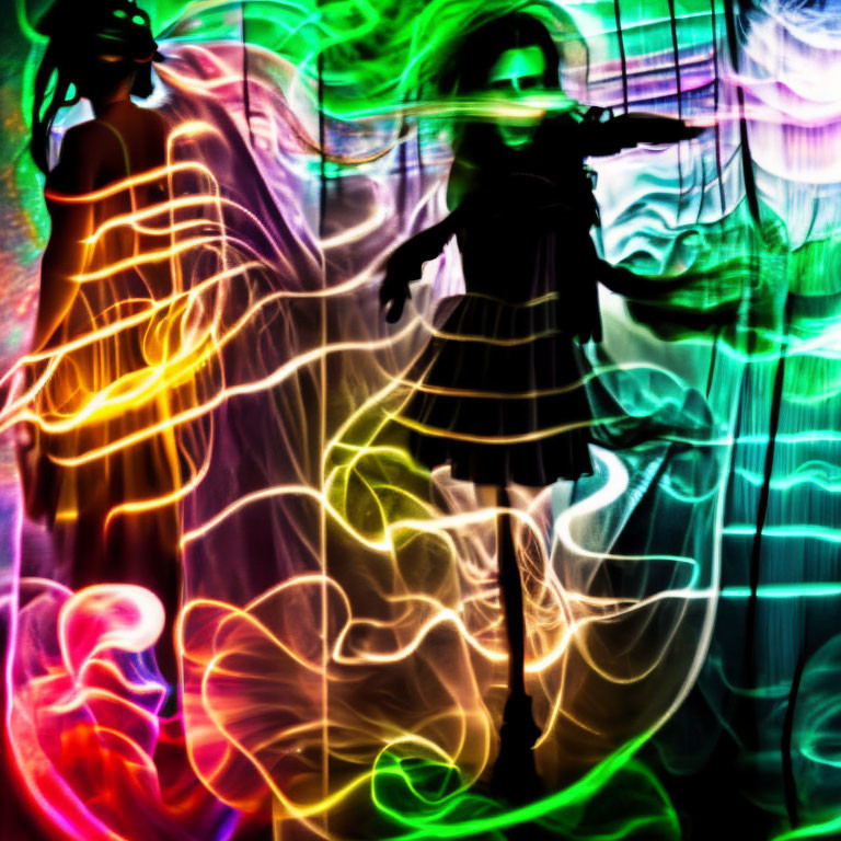 Abstract Neon Silhouettes in Vibrant Swirls