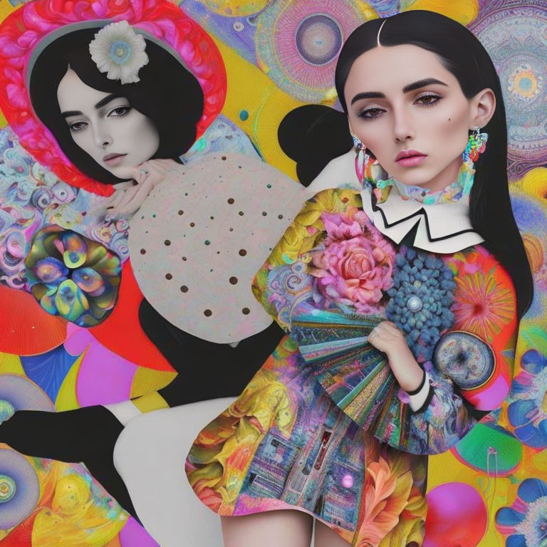 Stylized female figures in vibrant outfits against colorful floral backdrop