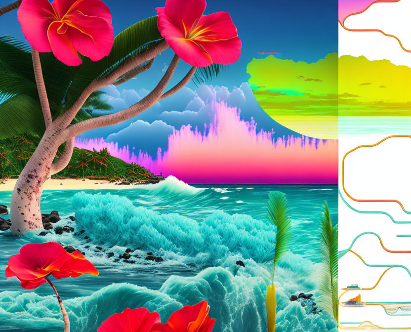 Tropical Collage: Pink Flowers, Palm Trees, Turquoise Waves, Sunset Sky