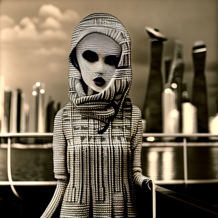 Alien mask-wearing humanoid in knitted outfit by cityscape.