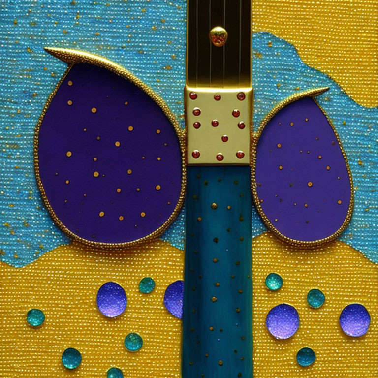 Ornate Blue and Gold Beaded Background with Purple Egg-Shaped Elements