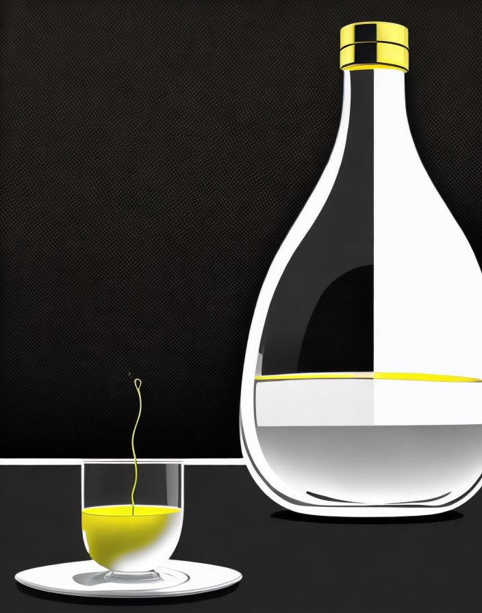 Stylized white bottle with yellow label and glass on black and white background