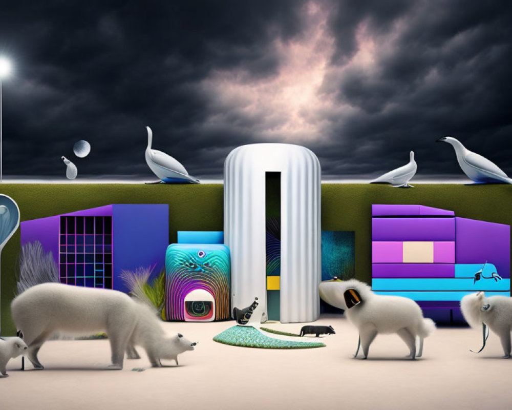 Surreal landscape with polar bears, birds, geometric structures, and stormy sky