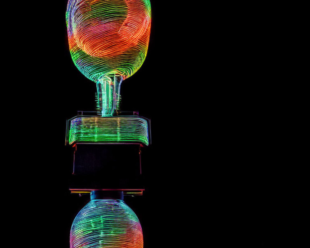 Vibrant neon-light sculpture with spherical top and cylindrical base on dark background