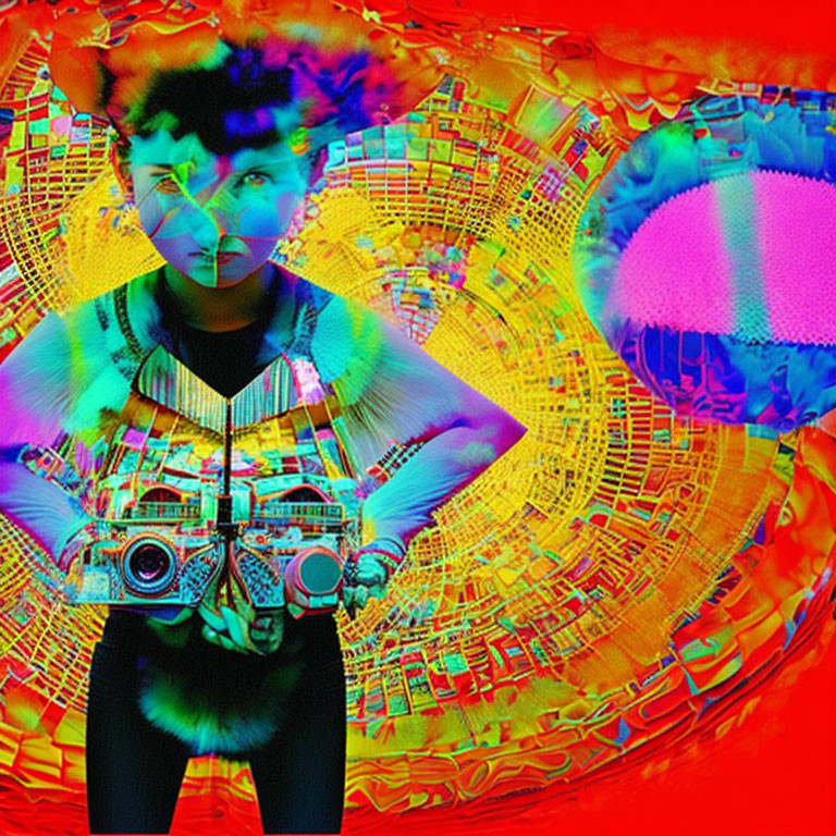 Colorful Psychedelic Digital Art: Child with Cameras in Abstract Setting