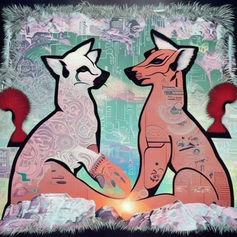 Stylized pink-hued foxes on circuit board backdrop