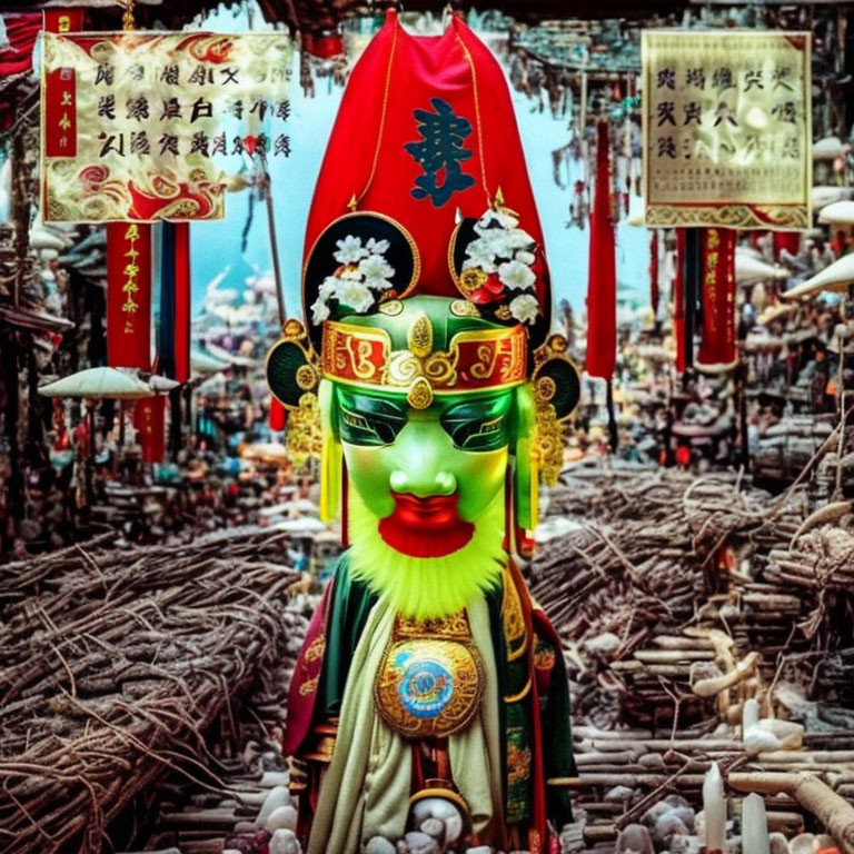 Colorful Traditional Chinese Mask with Green Face and Elaborate Headdress in Cultural Market