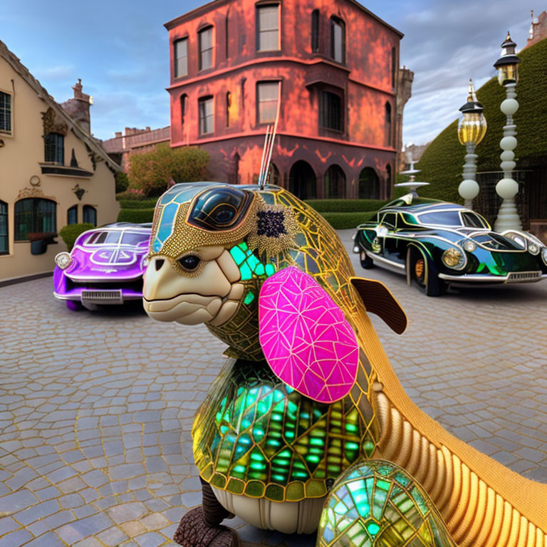 Colorful metallic turtle sculpture with geometric patterns near luxury cars and pink building