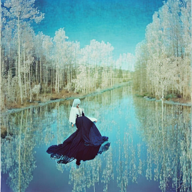 Person in dark flowing dress in surreal mirrored landscape