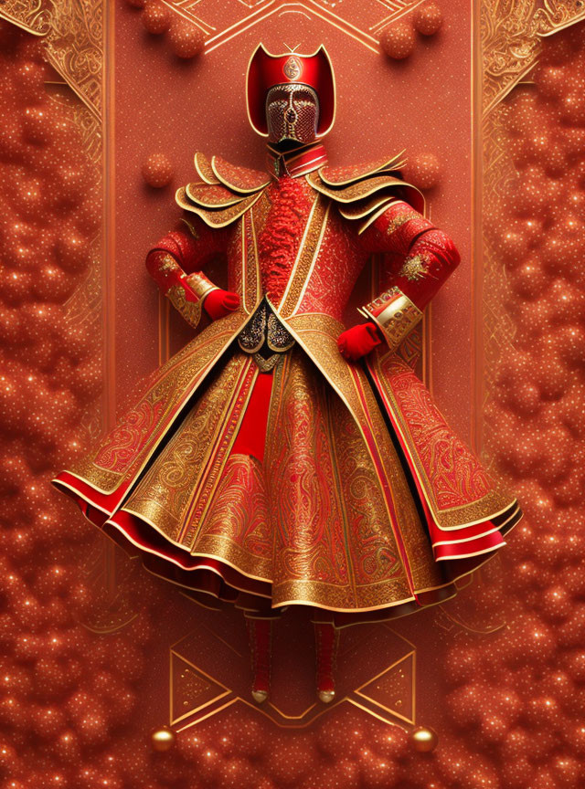 Regal figure in red and gold armor on ornate backdrop