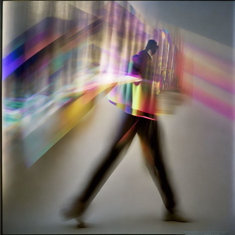 Blurred silhouette walking with vibrant colorful streaks