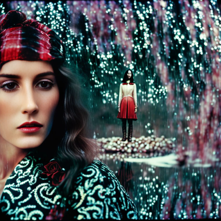 Two women: one with glamorous makeup and a headband, the other in the distance surrounded by colorful