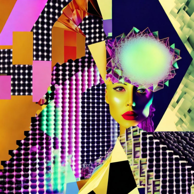 Colorful Collage of Woman's Face with Neon Makeup and Geometric Shapes